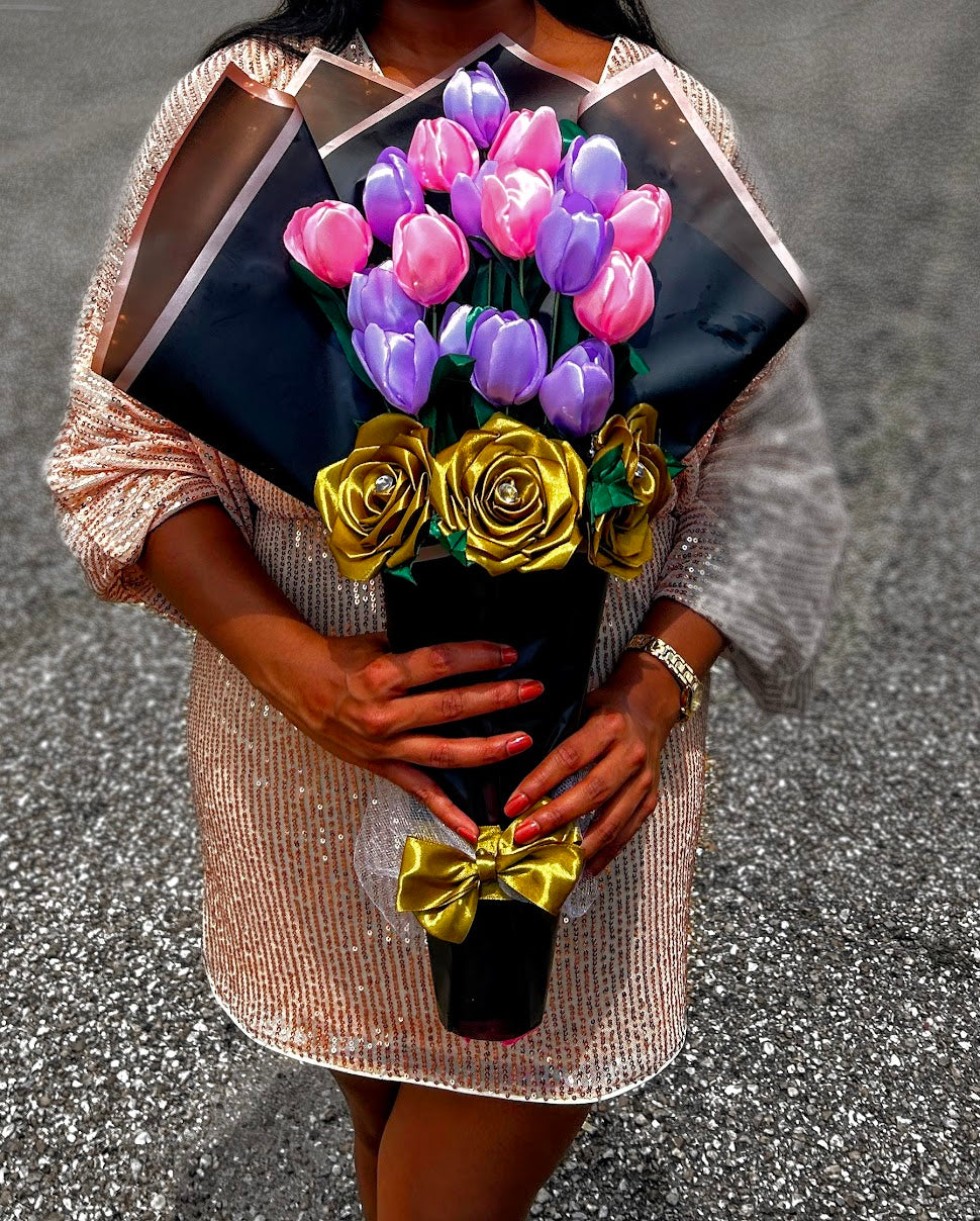 18 Count Tulip and Rose Ribbon Bouquet