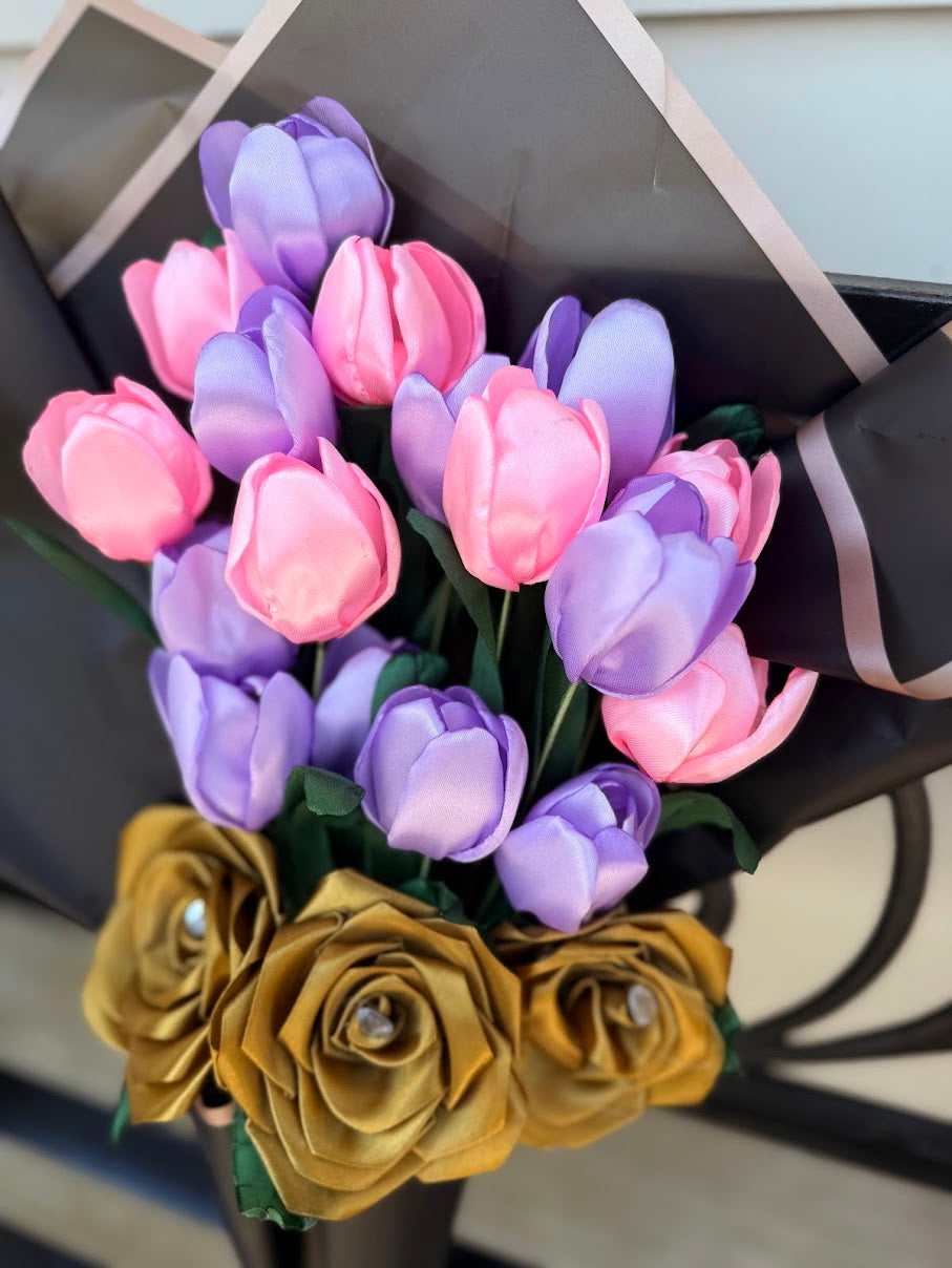 18 Count Tulip and Rose Ribbon Bouquet